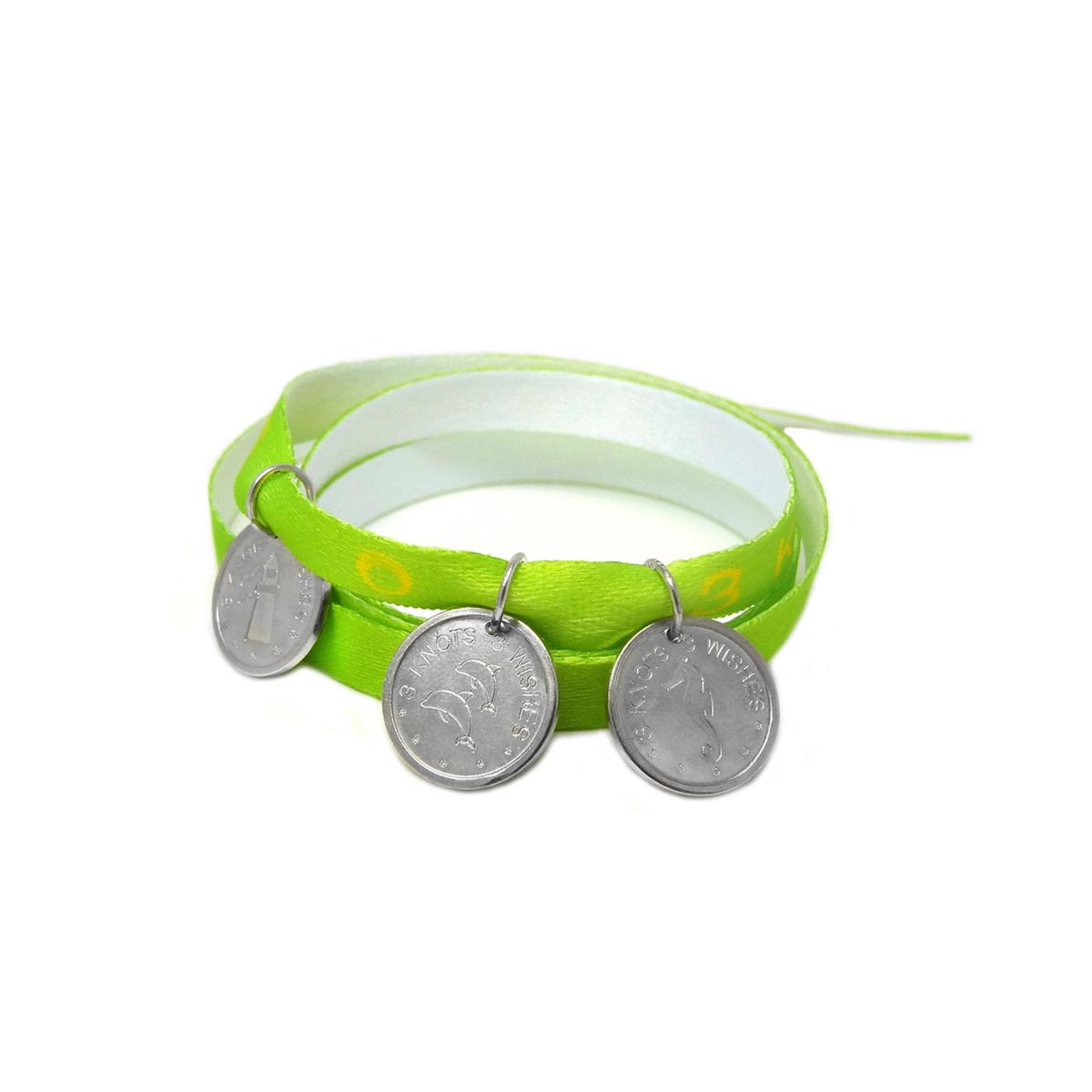 Light Green Bracelet - Dolphins, Lighthouse And Sea Horse Sterling Silver 925 Pendants On Satin Ribbon