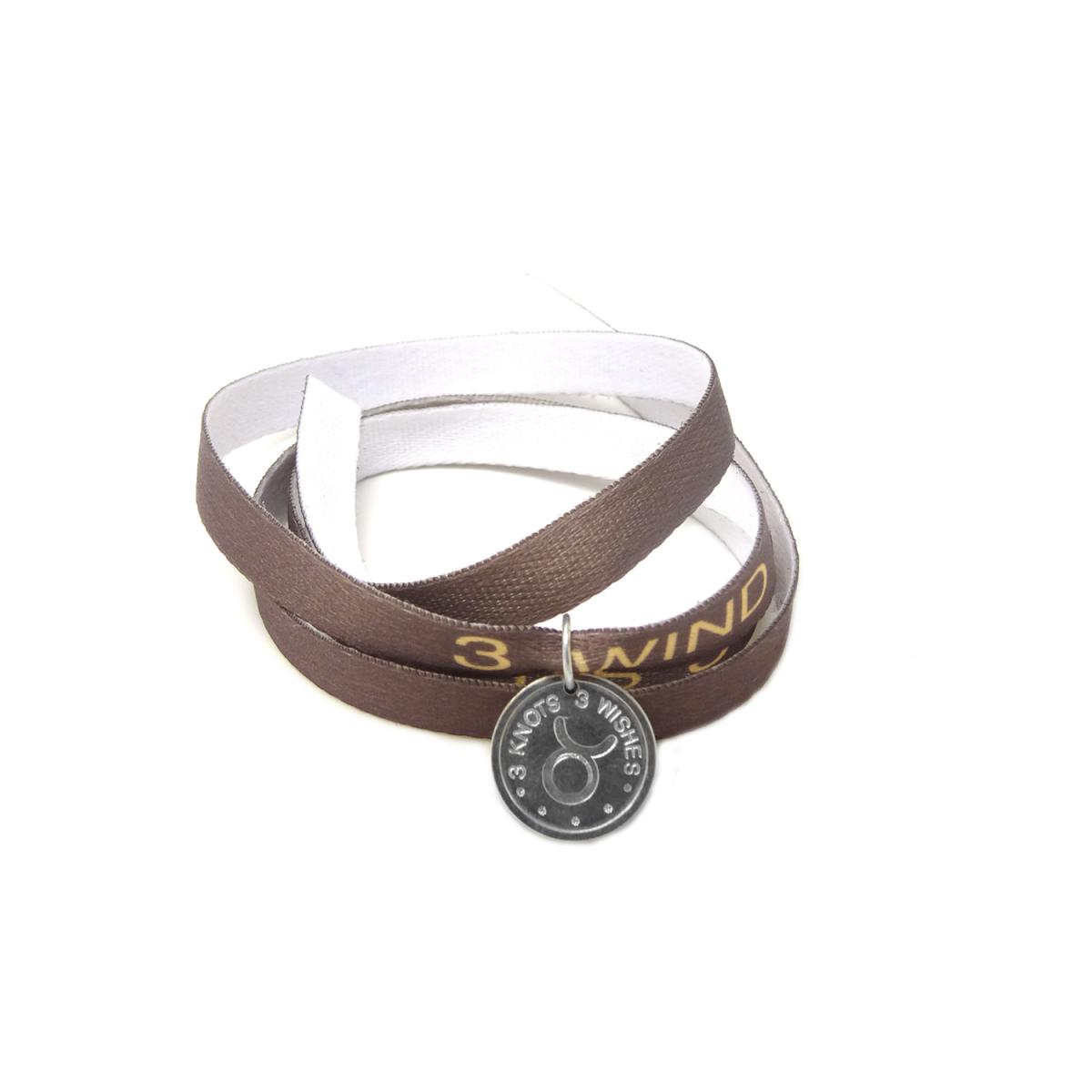 Taurus Zodiac Sign Light Brown Wristband- Sterling Silver 925 Pendant On Satin Ribbon